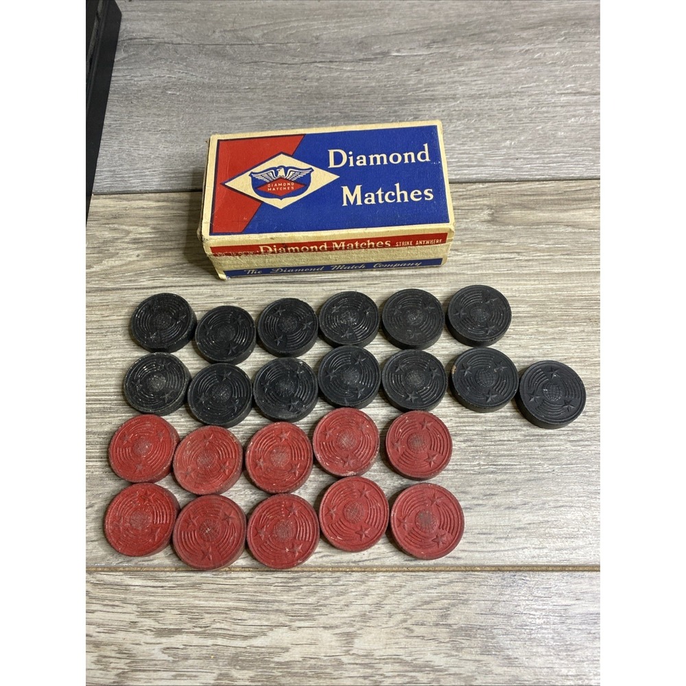 23 VTG Halsam Comet Stars World Special Wood Checkers Pieces W VTG Match Box